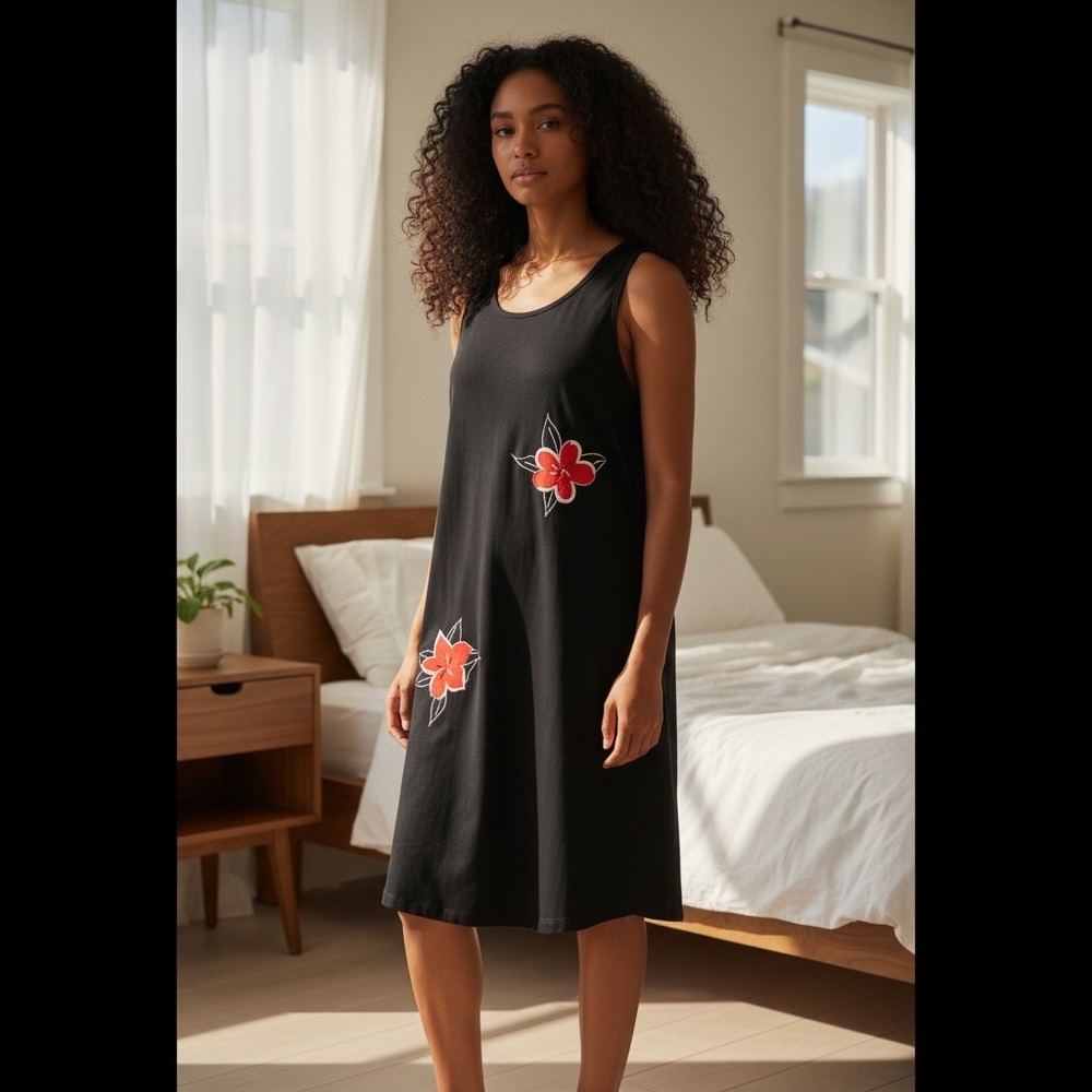 Josie by Natori Black Floral Embroidered Sleeveless Shift Dress U97807 Small